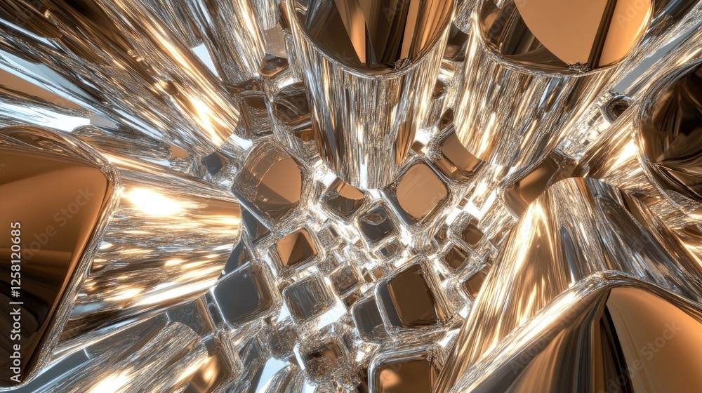 Poster Shiny metallic cubes and cylinders interlocked in a complex arrangement, reflecting light and creating a visual contrast of smooth surfaces and intricate geometric patterns.