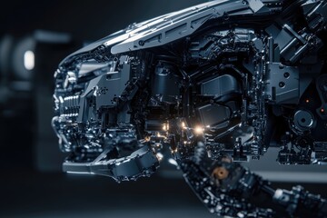 Close-up of a futuristic car engine, meticulously detailed and showcasing complex internal mechanisms.