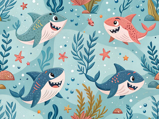 Fototapeta premium cartoon sharks - seamless pattern for your design 