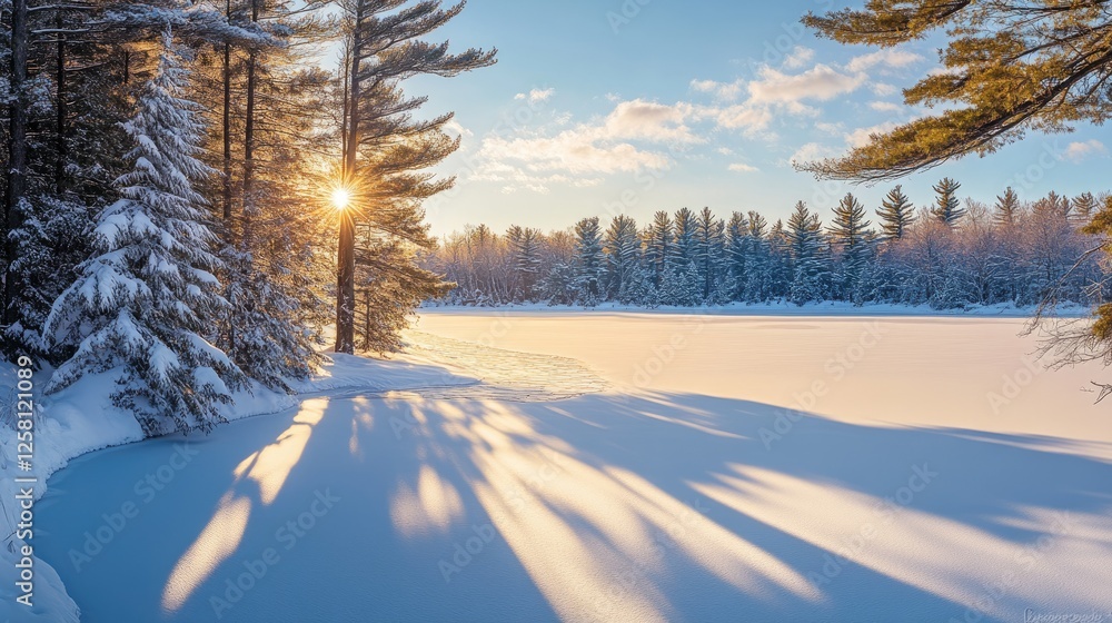Poster snow-covered landscape at twilight, with trees casting long shadows on the frozen lake's surface.