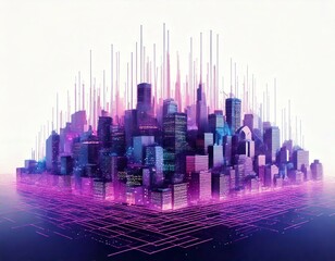 A holographic interface on the city floating in mid-air, displaying complex data streams, glowing blue and purple tones, a futuristic vibe.