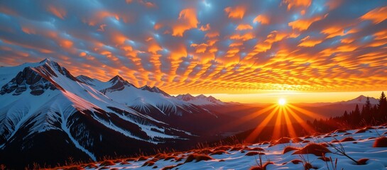 Dramatic Sunset with Textured Clouds over Snowy Mountains