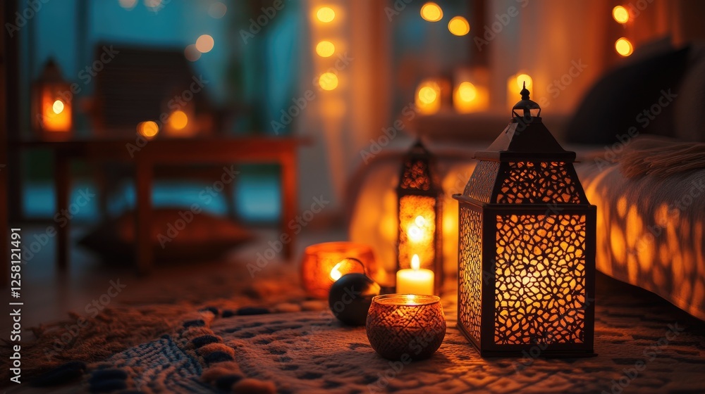 Poster Soft glow of luminous lanterns illuminating a cozy room, with a variety of lamp silhouettes creating an inviting and enchanting atmosphere for relaxation.
