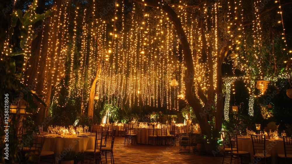 Poster soft, golden glow of hanging string lights in an outdoor setting, creating a festive and cozy ambian