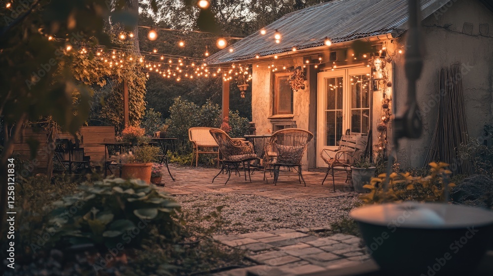 Poster soft golden light from hanging string lights illuminating a charming outdoor space, creating an invi