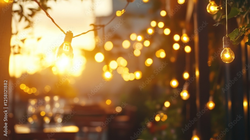 Poster soft golden light from hanging string lights illuminating a charming outdoor space, creating an invi
