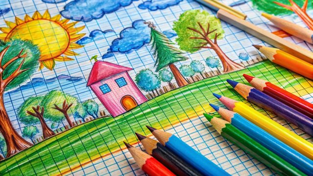 Freehand Drawing: School Stationery on Exercise Book - Creative Back to School Stock Photo