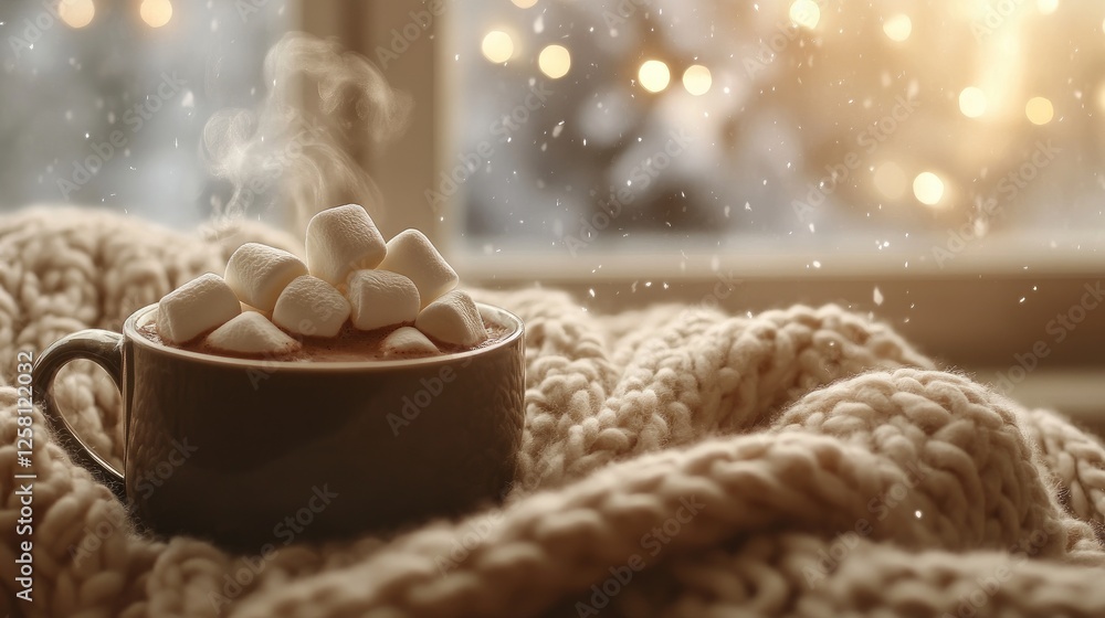 Poster Steaming hot cocoa with marshmallows sitting on a knitted blanket, creating a comforting and warm winter moment.