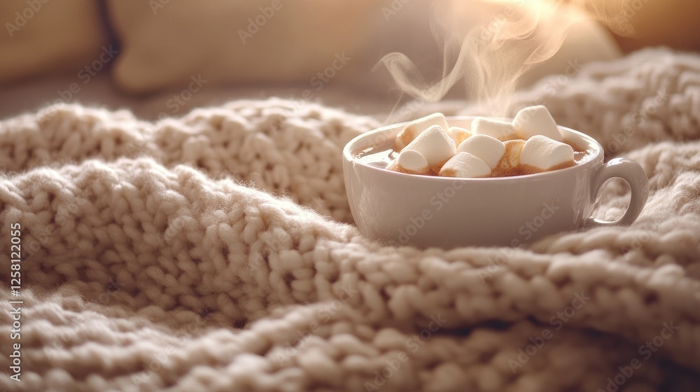 Poster Steaming hot cocoa with marshmallows sitting on a knitted blanket, creating a comforting and warm winter moment.