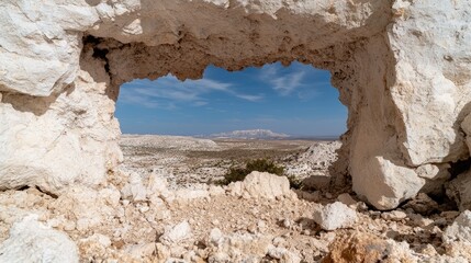 Rocky landscape view through crevice, arid mountainscape, daytime, photo for travel brochure, background