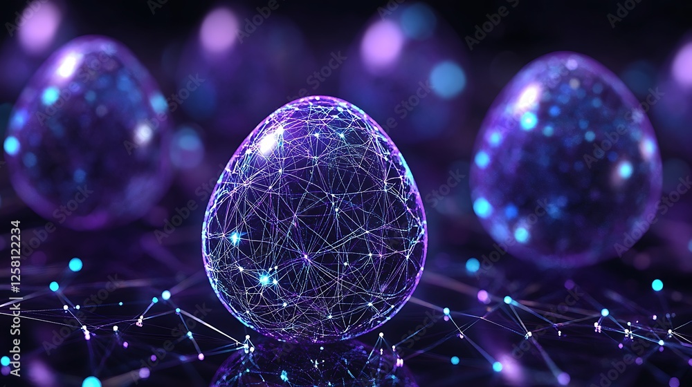 Poster futuristic eggs connected by network of geometric patterns on a dark deep purple surface