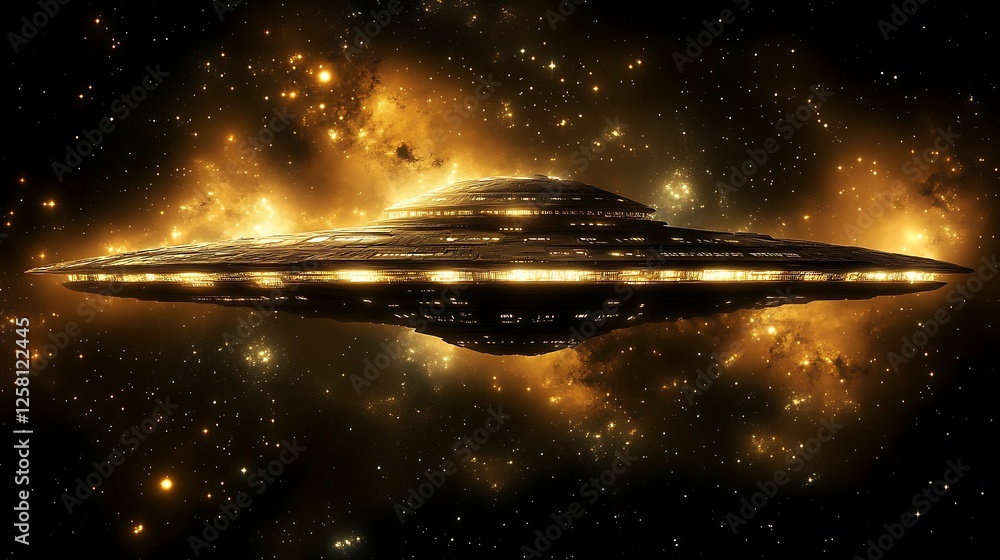 Aufkleber futuristic spaceship navigating through a galaxy of golden nebulae and countless stars in deep space