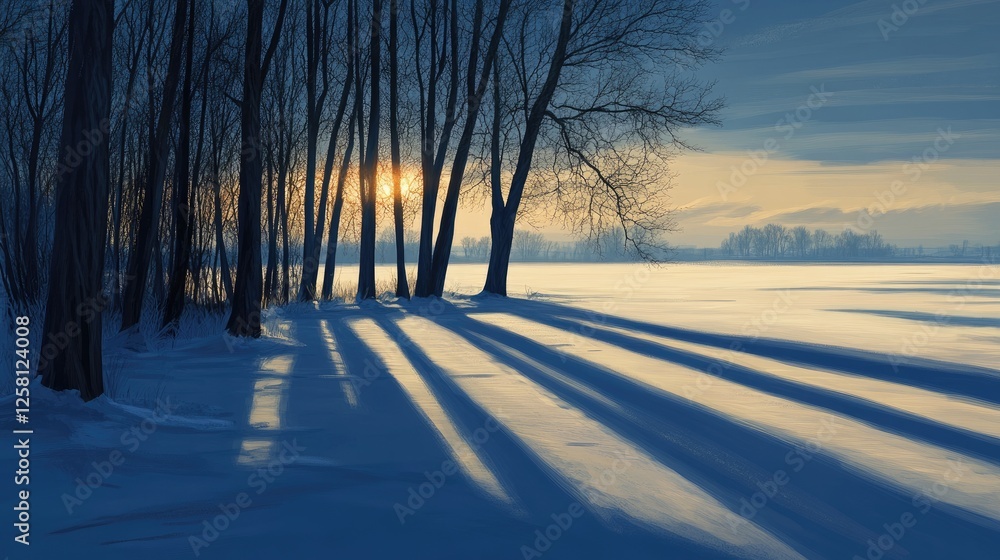 Poster twilight scene with long shadows of trees stretching across a snowy landscape at the edge of a froze