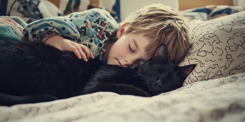 Cute image of a child asleep on bed, holding a cat's paw.