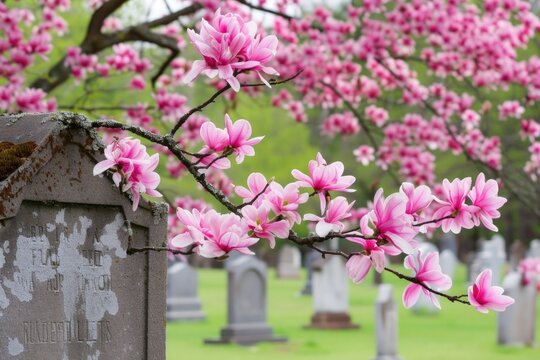 Tranquil cemetery with blossoming magnolia trees. Memorial day reflections and serene designs.