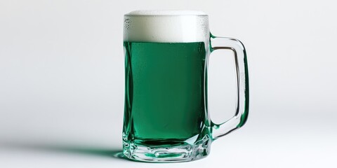 A frothy green glass of Irish stout, filled to the top with a satisfying beer. A refreshing drink often enjoyed during social occasions and leisure activities.
