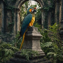 A parrot sitting on a statue in an overgrown ruin.