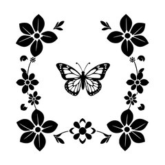 Obraz premium Butterfly and Flowers Composition, black and white graphic illustration, butterfly and floral shapes.