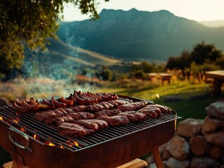 Freshly prepared meat, outdoor grill, hilly landscape, picnic table, barbecue, nature setting, sunset view, leisure activity, camping trip
