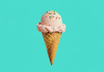 Pink ice cream cone with sprinkles on a teal background.