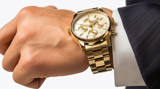 Businessman wearing a gold luxury wristwatch on a white background  
 - Powered by Adobe