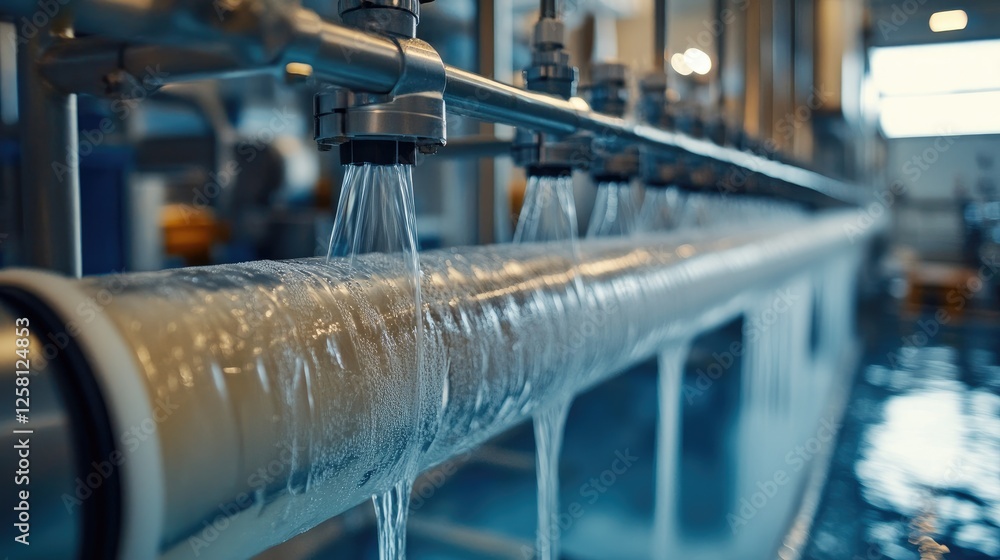 Poster water flowing gently through a reverse osmosis filter, showing the filtration process in detail, ens