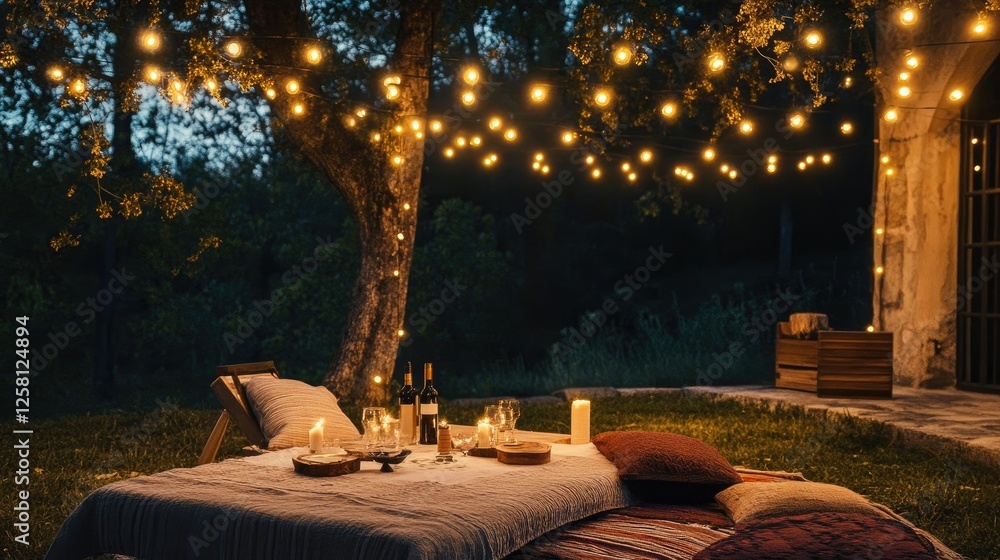 Poster warm golden string lights hanging in a cozy outdoor setting, creating an inviting and festive atmosp