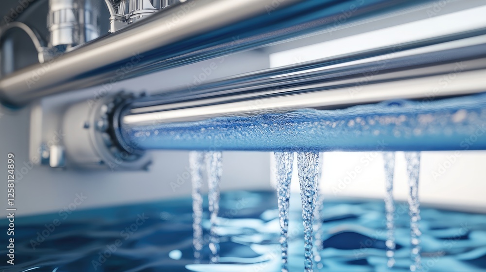 Poster water flowing gently through a reverse osmosis filter, showing the filtration process in detail, ens