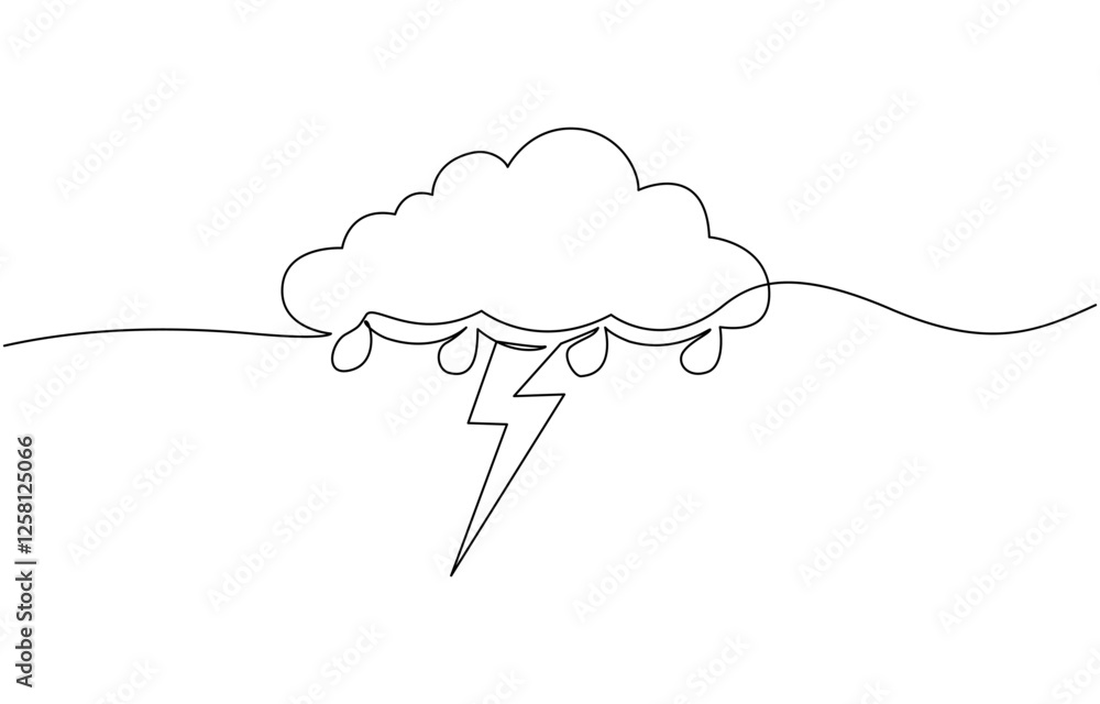 Poster continuous one line editable drawing of thundercloud and lightning, single continuous line art rainy