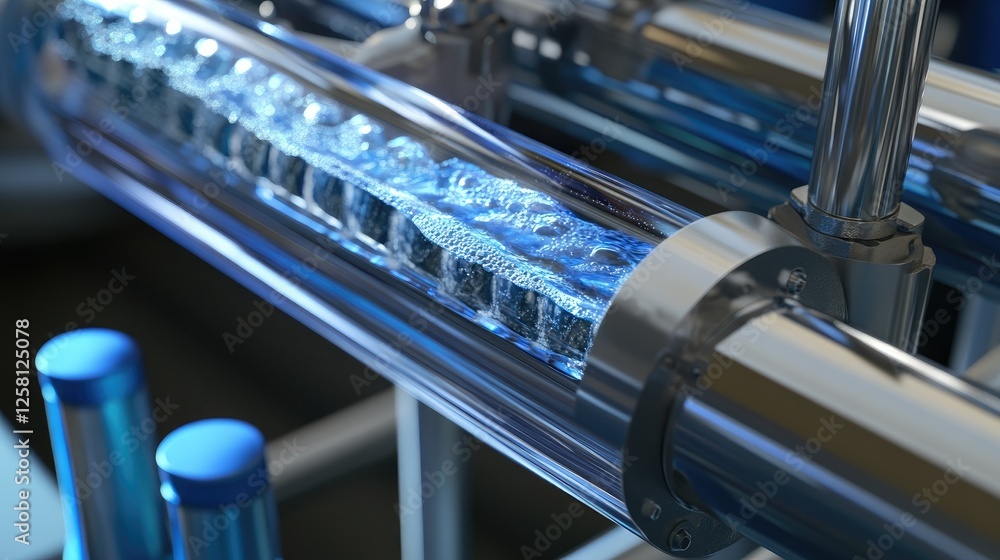 Poster water flowing gently through a reverse osmosis filter, showing the filtration process in detail, ens