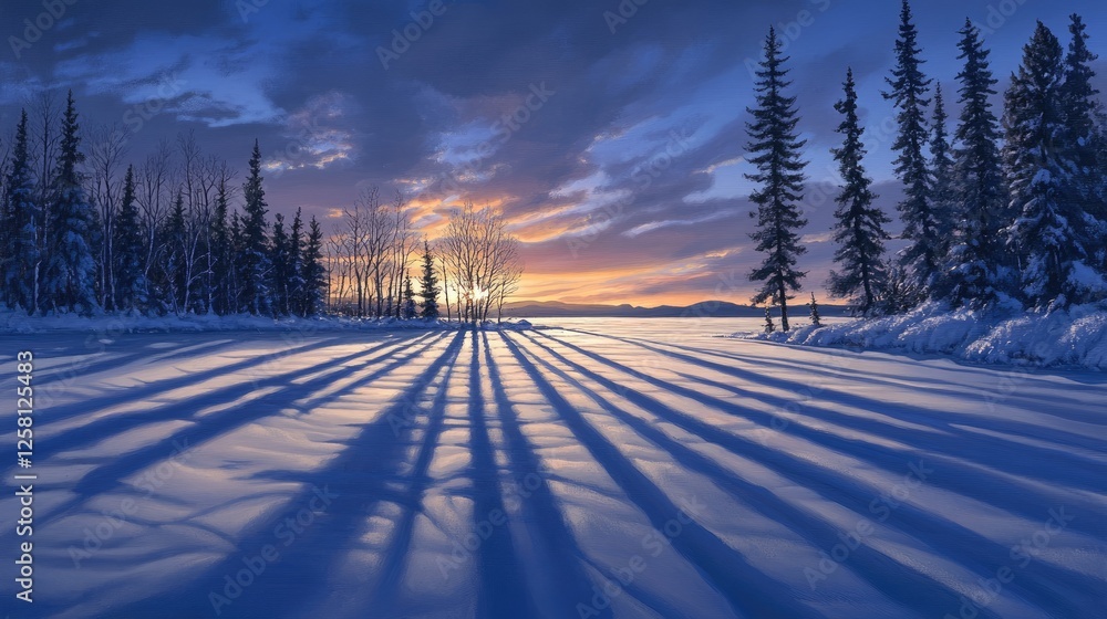 Poster winter twilight view of a frozen lake, where long tree shadows stretch across the snow-covered surfa