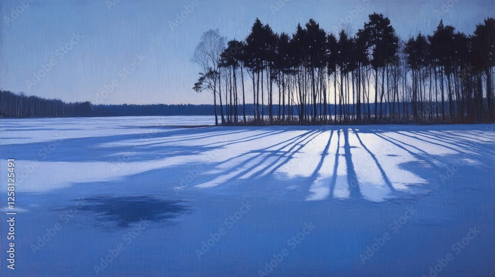 Poster winter twilight view of a frozen lake, where long tree shadows stretch across the snow-covered surfa