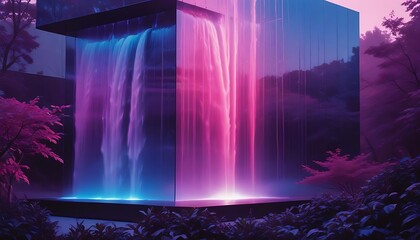 Fototapeta premium Neon Lit Waterfall Cascading Down Modern Building