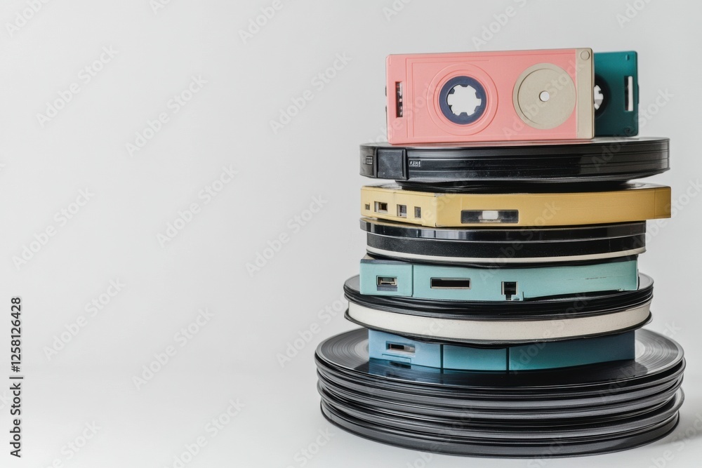 Leinwandbilder colorful stack of vinyl records and retro cassettes with k pop inspired designs creating a nostalgic