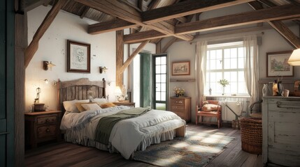 Heritage farmhouse-inspired room with exposed beams, vintage furnishings, rustic textiles, and a traditional country charm to create a cozy environment
