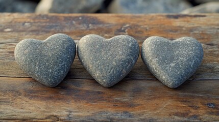 Obraz premium Two heart-shaped stones sitting next to each other on a wooden surface.