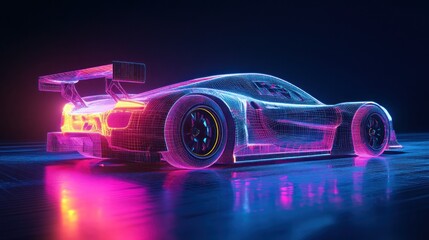 Futuristic Wireframe Sports Car: Neon Nights