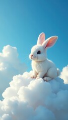 Obraz premium A charming bunny rests atop a billowing white cloud in a clear blue sky , design, blue
