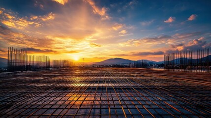 A breathtaking 4K panoramic shot capturing the vastness of a construction site at dusk, with steel rebar forming intricate geometric patterns