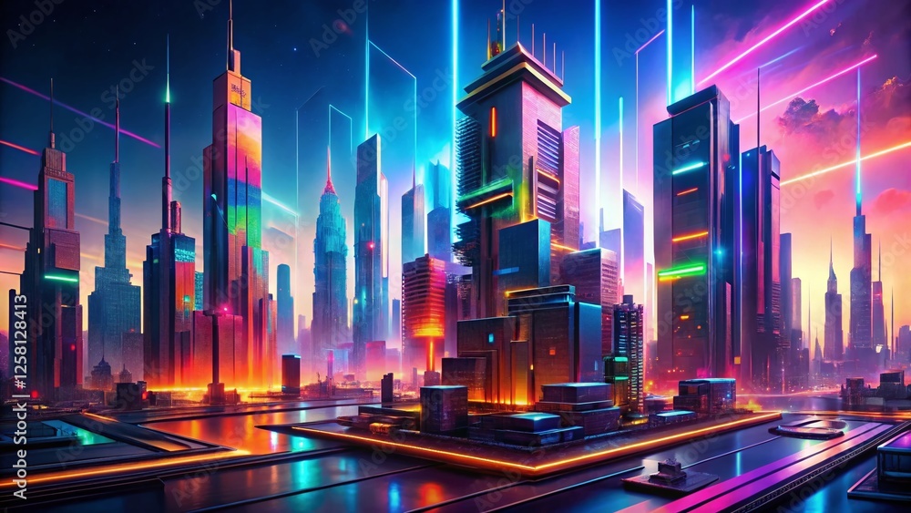 Wall mural Futuristic Cityscape: Neon Lights, Geometric Structures, Abstract Art - Surreal Stock Photo