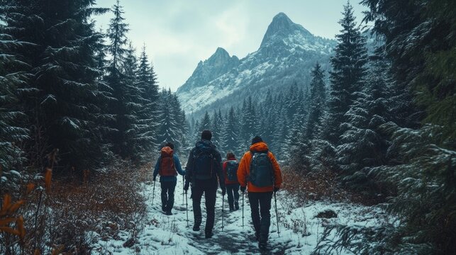 Three hikers trekking through a snowy forest during wintertime. They are equipped for cold weather and prepared for their outdoor adventure.