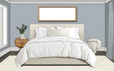 Serene bedroom design, neutral palette, natural light, calm background, interior design inspiration