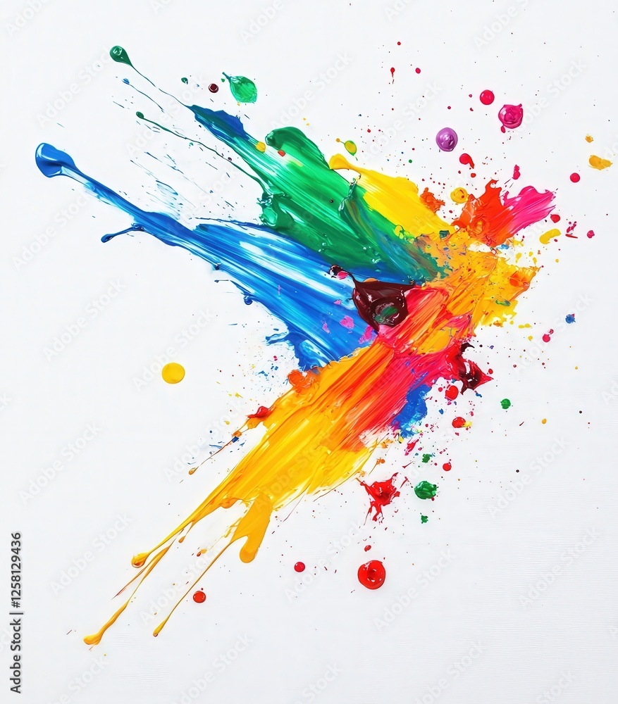 Poster a white background with colorful paint spills scattered in an abstract arrangement, each spill addin