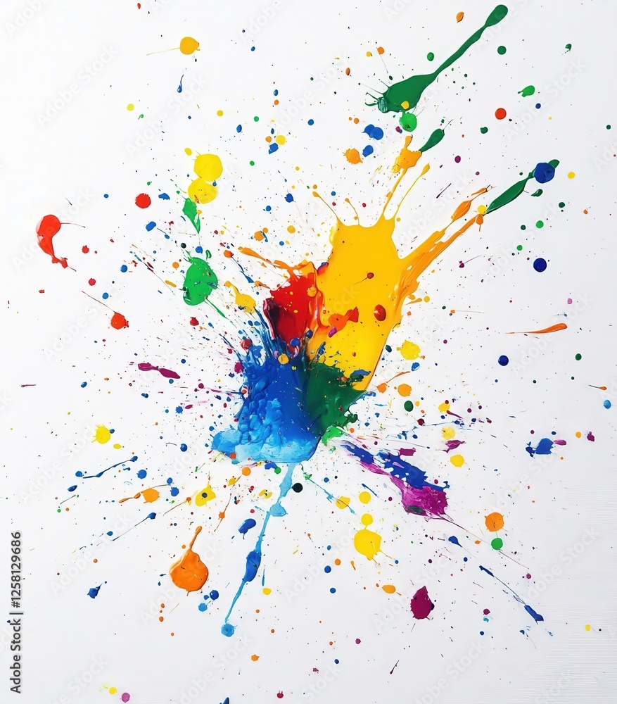 Poster a white background with colorful paint spills scattered in an abstract arrangement, each spill adding depth and texture to the minimalist canvas