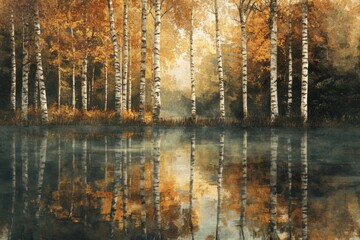 Autumnal birch trees reflected in a still lake, creating a serene and picturesque scene.