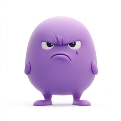 Cute angry purple blob character, round shape, big furrowed eyebrows, frowning expression, cartoon style, 3D render, smooth texture, simple design, vibrant color, minimalist background, emotional masc