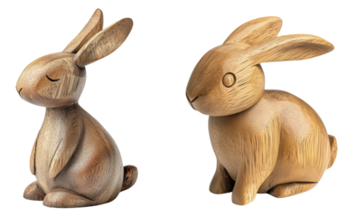 Wooden Rabbit Figurines in Natural Finish for Decorative Purposes, isolated on transparent background.