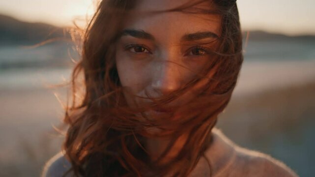 Sensual girl posing sunlight with hair swaying in wind closeup. Woman at sunset