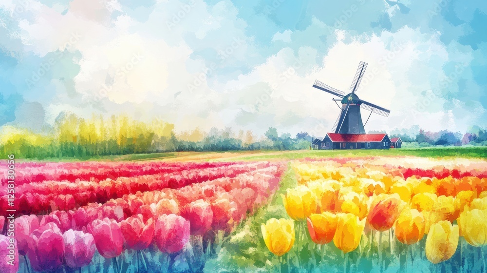 Poster vibrant watercolor illustration of tulip fields with windmill in springtime colors. generative ai