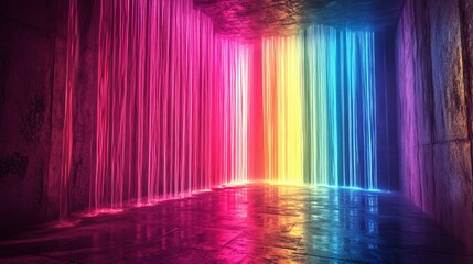 A vibrant waterfall cascading down from a floating island, glowing in rainbow colors
